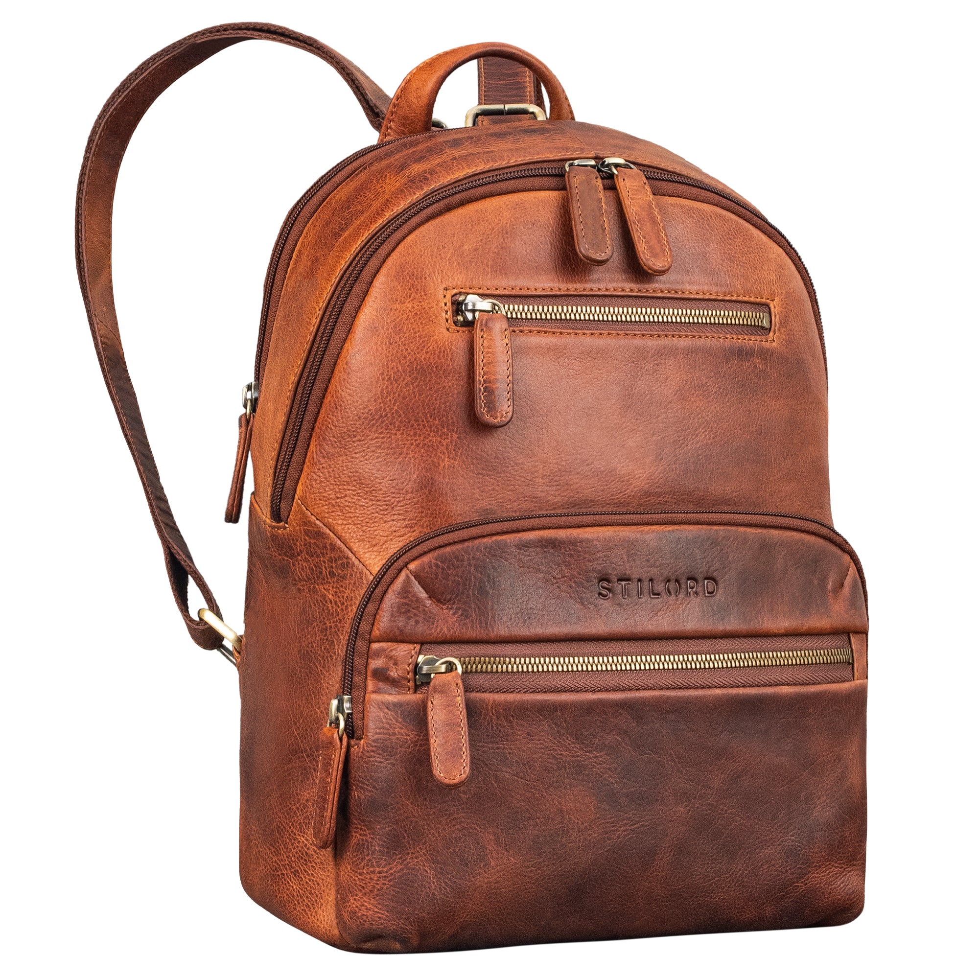 Kleiner Leder-Rucksack Damen cognac mit gepolsterten Tablet-Fach 10,9 Zoll