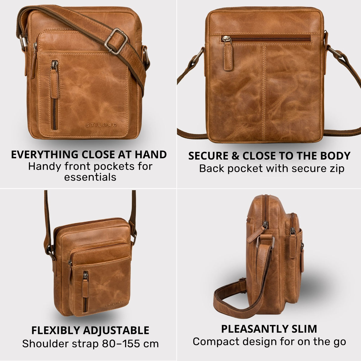 Kleine Schultertasche aus Perugia-braunem Leder, Fronttaschen, Rückfach mit Reißverschluss, verstellbarer Riemen.