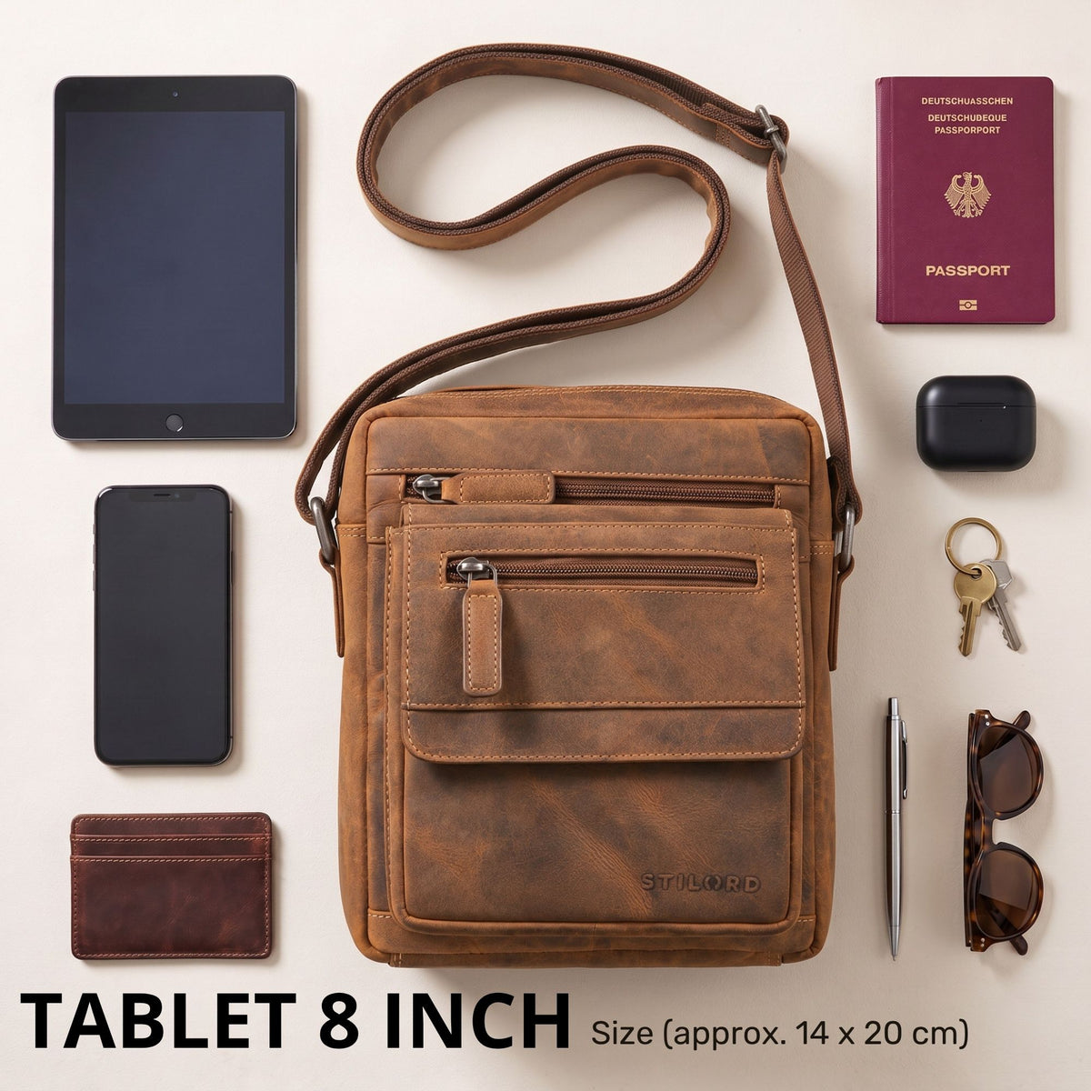 Plochá pánská kožená taška hnědá s předními kapsami na zip, nastavitelný popruh, pojme 8palcový tablet, STILORD