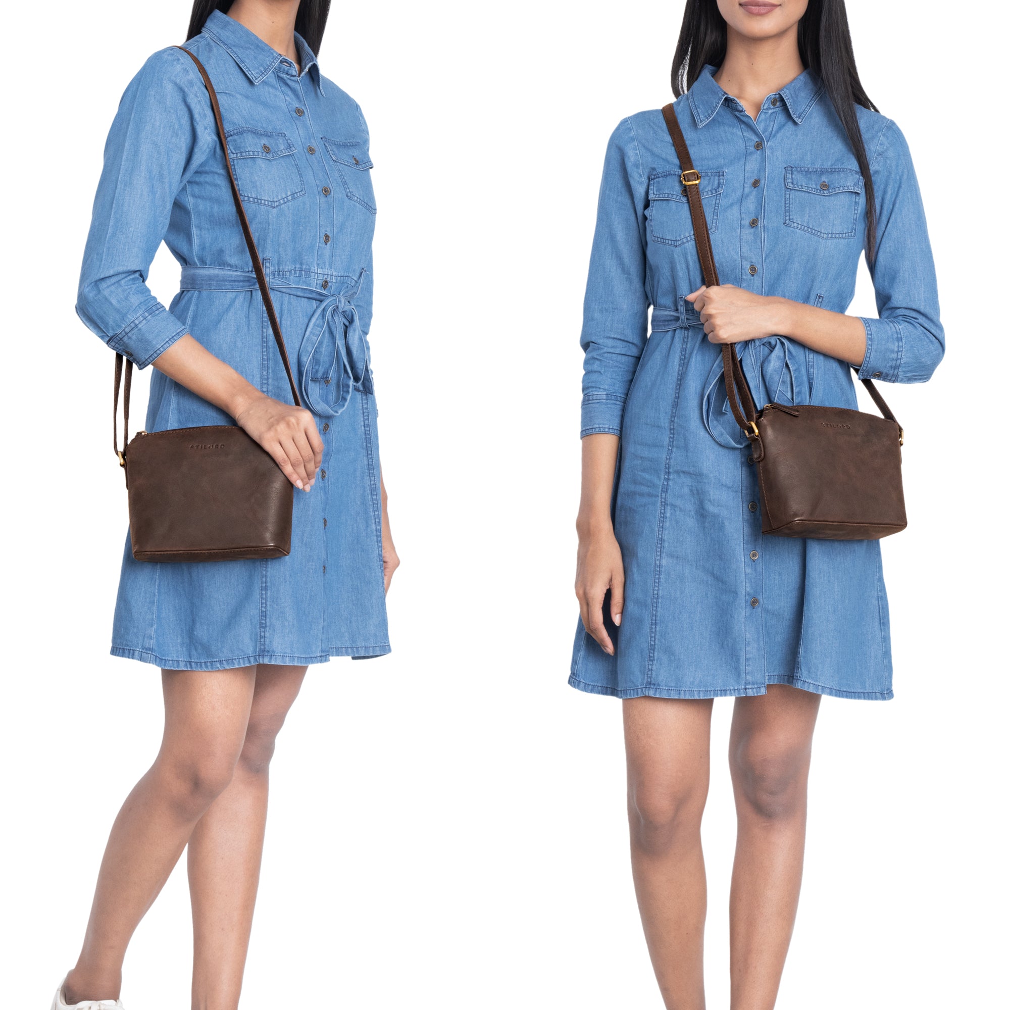 Kleine Crossbody Bag Leder braun an zwei Modelbeispielen