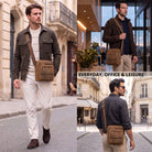 Plochá pánská crossbody taška z kůže bergamo hnědé barvy, pro 8'' tablet, nošena přes rameno v městském prostředí