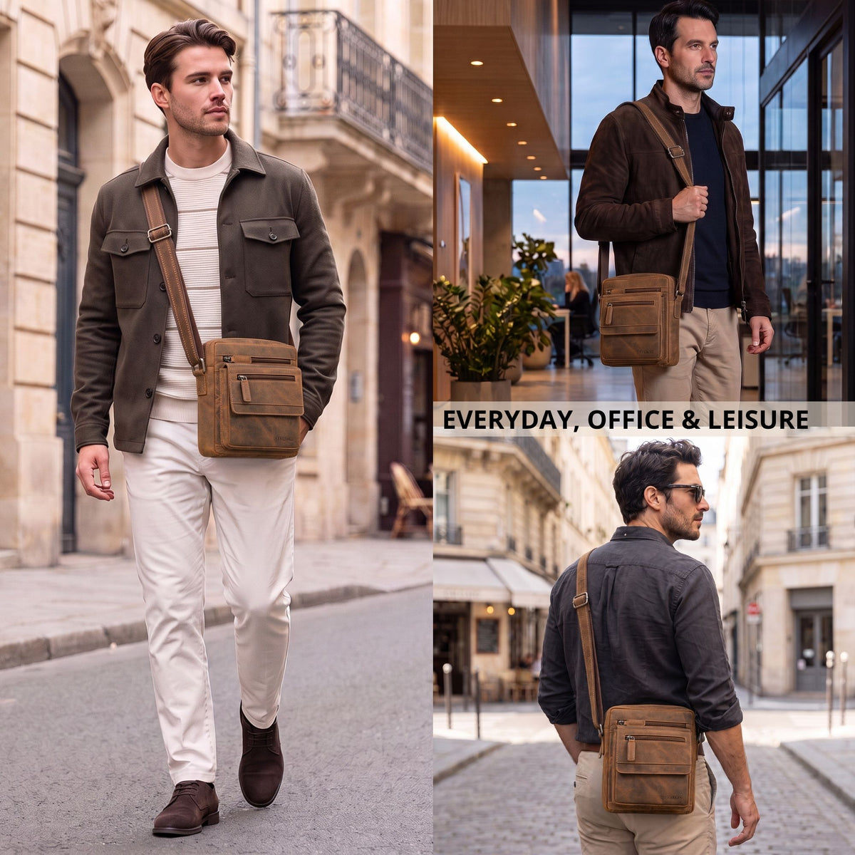 Plochá pánská crossbody taška z kůže bergamo hnědé barvy, pro 8'' tablet, nošena přes rameno v městském prostředí