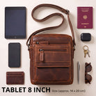 Malá plochá pánská crossbody z hovězí kůže salerno hnědá, přední pohled s kapsami na zip, 8" tablet a ražba STILORD