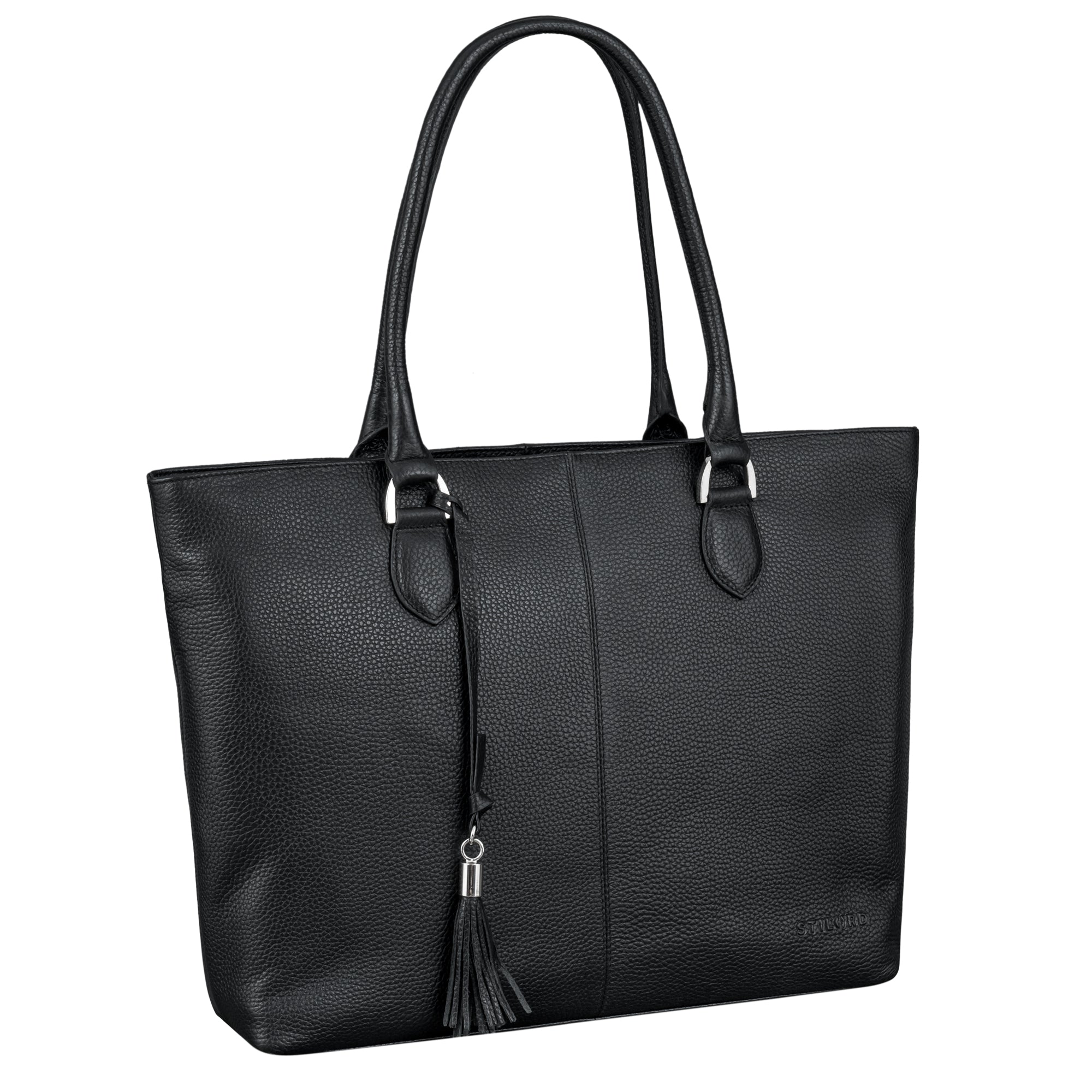  Echt Leder Shopper Tasche mit gepolsterten Laptopfach 15,6 Zoll in Schwarz 
