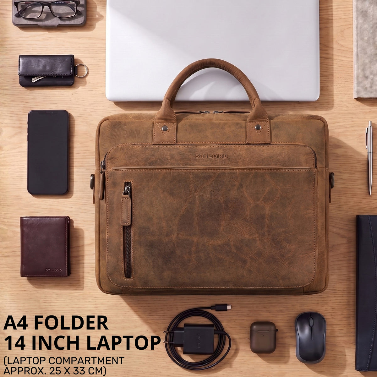 Braune Leder-Business-Tasche bergamo mit Laptopfach 13-14 Zoll, A4-Mappe, STILORD-Prägung, Draufsicht