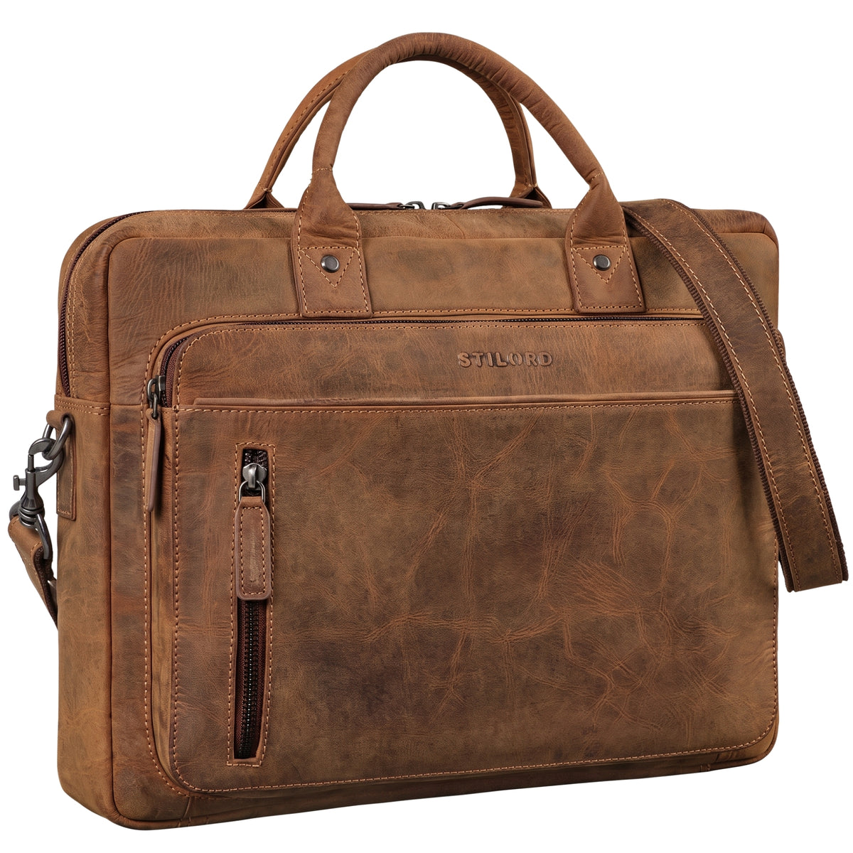 Braune Laptoptasche aus Vintage-Rindsleder, Frontansicht mit Griff, Schulterriemen und sichtbarer STILORD-Prägung, für 13–14 Zoll